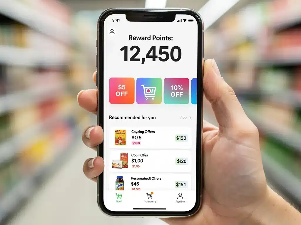 Aplicación móvil de supermercado mostrando cupones digitales y puntos de fidelidad